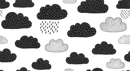 Hand-drawn seamless pattern of cute black and white textured clouds with falling rain on a clean white background, perfect for nursery designs.