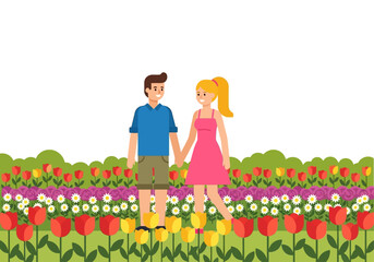Romantic couple surrounded by vibrant tulips, perfect for greeting cards, advertisements, blogs, social media posts, and springthemed designs.