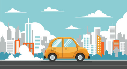 A vibrant yellow car drives through an urban cityscape, emitting visible exhaust fumes, highlighting environmental concerns in city transport.