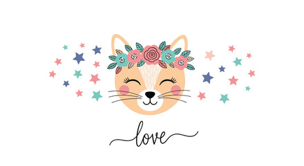 Sweet smiling cat character with a whimsical flower headband and scattered stars, featuring the word love.