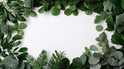 Fototapeta premium Assorted deep green foliage and textured floral elements frame a central white copy space area