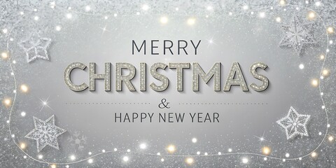 Elegant merry Christmas and happy new year greeting with sparkling lights and festive snowflakes on a silver background
