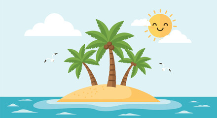 Cartoon illustration of a sunny tropical island featuring three palm trees, a smiling sun, and two flying seagulls over calm blue waters.