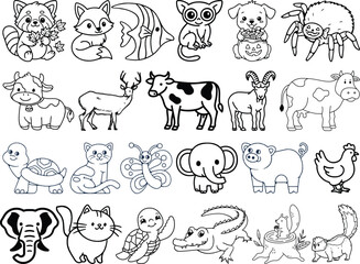 Forest animals doodle icon set. Cute hand drawn sketch illustrations of owl, deer, bear, rabbit, wolf and hedgehog. Black and white cartoon art for woodland wildlife themes.