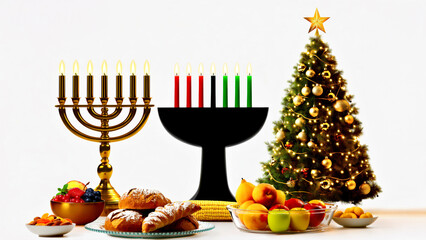 Festive Symbols: Menorah, Kinara, and Christmas Tree Celebrating Holiday Traditions Hanukkah, Kwanzaa, and Christmas Celebration in Winter Scene.