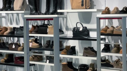 Winter Footwear and Handbags Display: Women's Boots and Shoes on Store Shelves | Modern Retail Shop Interior with Black Leather Boots, Beige Ankle Boots and Designer Bags | Fashion Boutique Shopping - Powered by Adobe