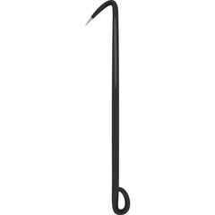 Illustration of a dark grey grappling hook tool with a sharp curved point and a loop at the end on a white background