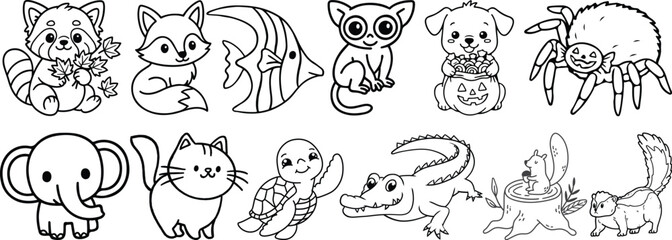 Forest animals doodle icon set. Cute hand drawn sketch illustrations of owl, deer, bear, rabbit, wolf and hedgehog. Black and white cartoon art for woodland wildlife themes.