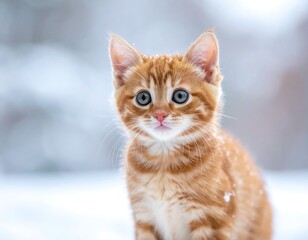 Portrait of a ginger kitten with blue eyes in a snowy landscape