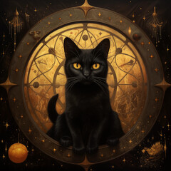 Black Cat with Golden Eyes in Esoteric Cosmic Frame: Mystical Feline Guardian on Celestial Background