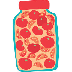 Illustration Of A Clear Glass Jar Filled With Whole Tomatoes And Sliced Tomatoes Preserved In A Light Orange Liquid With A Red Lid