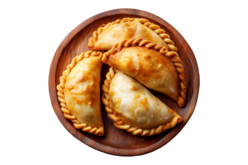 Fried baked pastry empanadas filled with ground beef cheese ham and crimped edges on wooden plate, isolated on white transparent background, concept of traditional Argentina snack