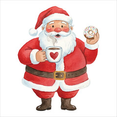 Santa Holding Coffee and Donut Watercolor Vector

