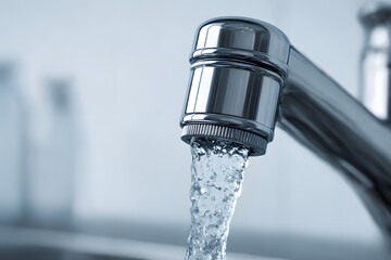 Water Flow: Capturing the simple elegance of fresh, flowing water cascade out of a steel tap in a close-up shot, inviting a sense of refreshment and purity.