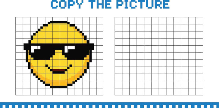 Copy the picture activity sheet with pixelated emoji with sunglasses editable vector