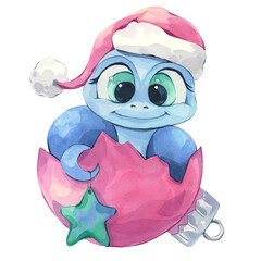 A snake in a red hat sits in a broken Christmas glass ball.