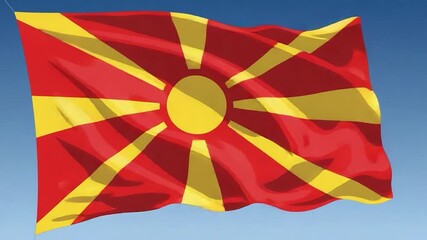 The National Flag of North Macedonia Waving Proudly in the Sky.