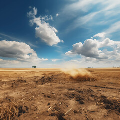 Arid Cracked Earth and Dry Wheat Stubble Under a Vibrant Blue Sky with White Cumulus Clouds on a Hot Summer Day