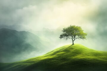 Obraz premium A solitary tree stands sentinel on a verdant hilltop, bathed in soft morning light amidst a misty mountain landscape.