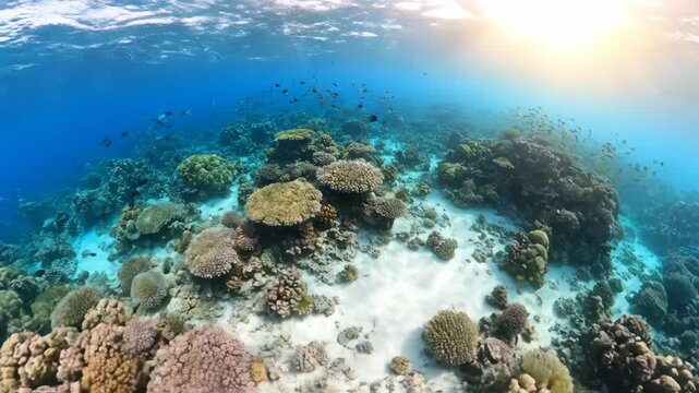 Flying forward over a vibrant tropical coral reef during a bright sunny morning summer, underwater, serenity