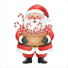 Santa Carrying Candy Cane Basket Watercolor Vector

