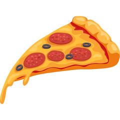 A Single Slice Of Pepperoni And Olive Pizza With Melted Cheese On A White Background