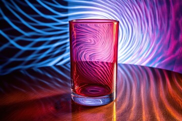Vibrant magenta glass tumbler on a wooden surface with colorful light patterns.