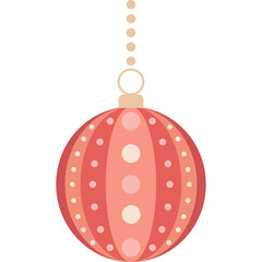 A Single Round Christmas Ornament Decoration in Shades of Pink and Red with a Delicate Hanging Chain and a Transparent Background ideal for Holiday Graphics and Design Elements