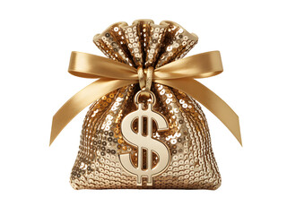 Gold sequin money bag with dollar sign isolated on transparent background