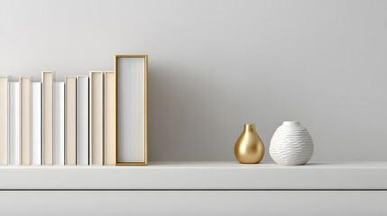 a minimalist shelf arrangement featuring books, a gold frame, and decorative vases, conveying a sense of understated elegance and sophistication. 
