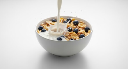 Breakfast Cereal Bowl with Milk and Fresh Blueberries.