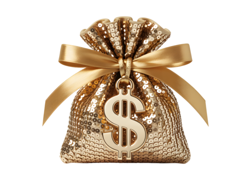Gold sequin money bag with dollar sign isolated on transparent background