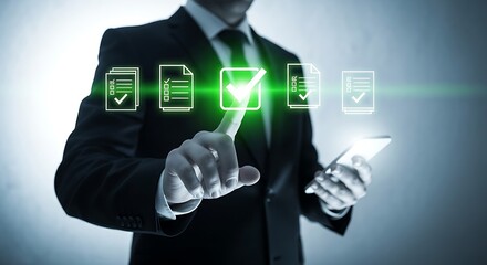 Businessman in a suit touching a glowing digital screen with checklist icons and a green checkmark in the center