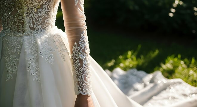 Elegant bride in a stunning white wedding gown, walking outdoors in a sunlit garden, showcasing intricate lace details.