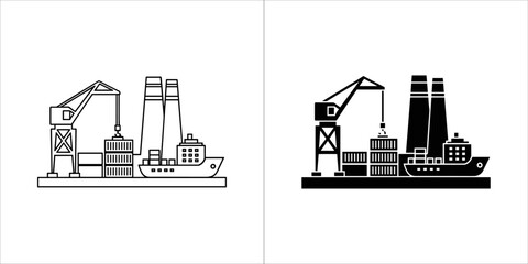 Obraz premium Container ship at a port with cranes and smokestacks, outlined and filled versions