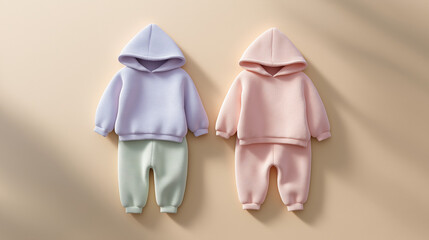 baby hoodie and pants mockup flat lay, pastel surface