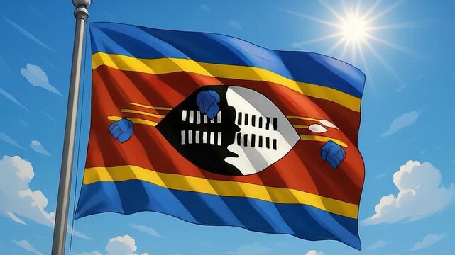 The vibrant flag of Eswatini proudly waving in the bright African sun, symbolizing national pride and heritage.