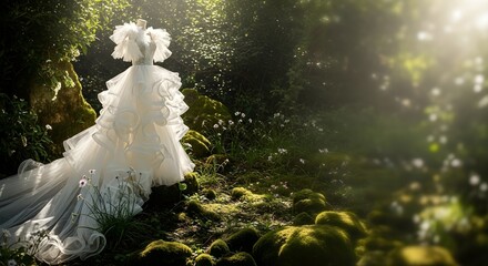 A stunning bridal gown displays its elegance amidst a sun-dappled forest, embodying natural beauty and romance.