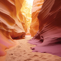 Captivating Slot Canyon View of Antelope Canyon with Colorful Sandstone Walls and Sandy Path with Footprints Illuminated by Sunlight in Arizona
