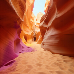 Captivating Slot Canyon View of Antelope Canyon with Colorful Sandstone Walls and Sandy Path with Footprints Illuminated by Sunlight in Arizona