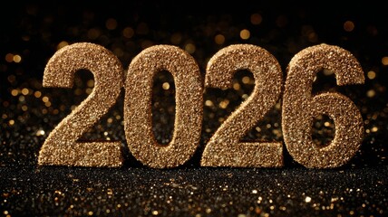 Shimmering gold 2026 numbers on dark sparkling background with festive glitter for new year celebration and holiday party decoration