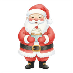Santa Holding Cupcake Watercolor Vector
