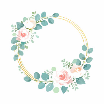 Floral wreath with pink roses and eucalyptus leaves on a gold frame.
