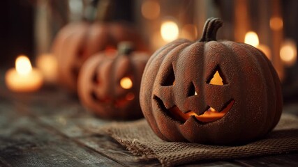 Digital jack o lantern illustration, digital illustration close-up of a rustic jack-o’-lantern, natural pumpkin textures, candlelight illumination, soft background blur - Powered by Adobe