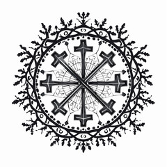 Intricate black and white circular emblem with radiating crosses and ornate botanical border, resembling a medieval woodcut design.