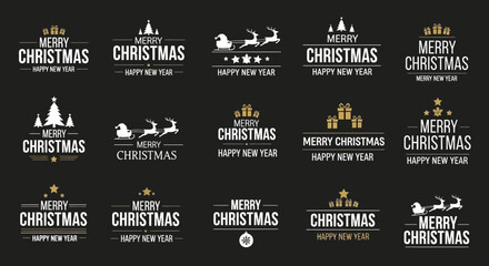 Set of festive Merry Christmas and Happy New Year greeting badges with classic designs, elegant typography and gold decorative elements