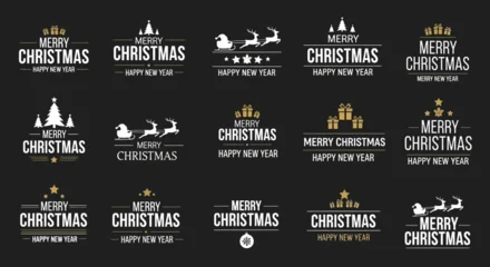 Fotobehang Positive Typography Set of festive Merry Christmas and Happy New Year greeting badges with classic designs, elegant typography and gold decorative elements  © irfan