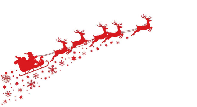 Santa Claus Sleigh and Reindeer Silhouette with Snowflakes for Christmas Design