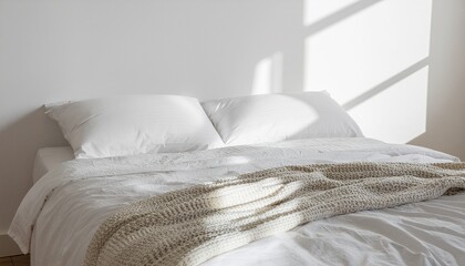 Cozy minimalist bedroom with white pillows, clean bedding, and knitted blanket. Bright morning sunlight casting shadows on the wall, symbolizing calm and relaxation.