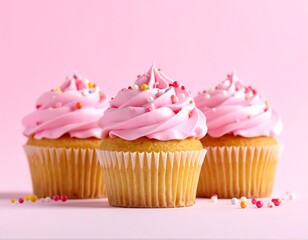 Three frosted cupcakes, pink frosting, and colorful sprinkles on a pink background